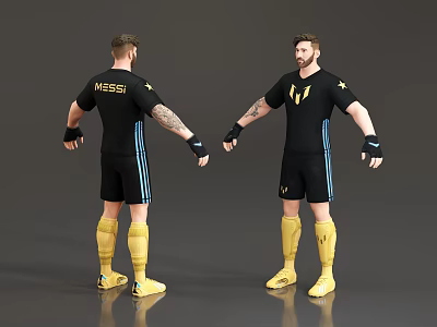 Game Movie Character In Black Sportswear With MESSI Text Lightning Logo Yellow Socks And Tattoos 3d model