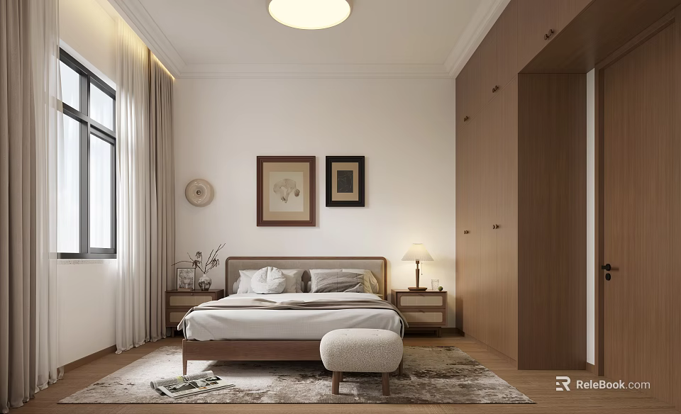 Minimalist Bedroom Interior With Wooden Bed Nightstand Lamp Rug And Wall Art 3d model 