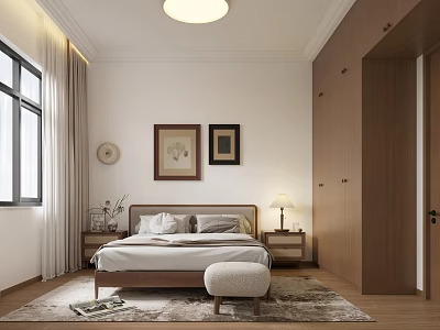 Minimalist Bedroom Interior With Wooden Bed Nightstand Lamp Rug And Wall Art 3d model