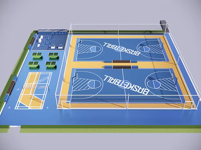 Basketball Gymnasium With Two Courts Blue Yellow Flooring And Seating Areas 3d model