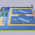 Basketball Gymnasium With Two Courts Blue Yellow Flooring And Seating Areas