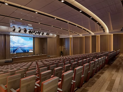 Modern Conference Room Interior With Wooden Walls Large Screen Arranged Seats And Ceiling Lights 3d model