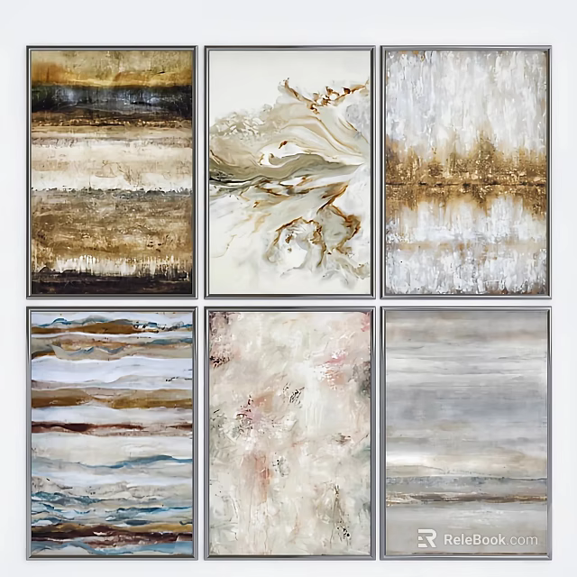 Abstract Paintings With Neutral Tones Gold Accents Layered Textures And Flowing Patterns 3d model 