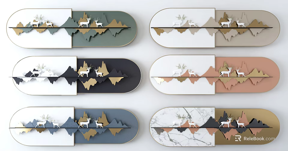 Modern Layered Wall Decor With Mountain Shapes Deer And Various Textures 3d model 