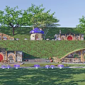 Hobbit Style Detached Villa With Green Grass Roof Mushroom Decorations Surrounded By Trees And Lawn