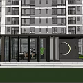 Pergola at Modern Apartment Building Entrance With Glass Doors Circular Decor And Greenery On Lawn