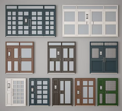 Entry Doors In Various Styles Colors And Designs With Grid Windows And Panels 3d model