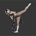 Female Game Anime Character In Traditional Floral Outfit Doing High Kick Dynamic Stance