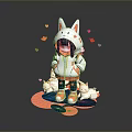 Game And Movie Character With Cat Ears In Hooded Coat Small Cats And Orange Petals