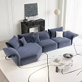 Casual Blue L-shaped Sofa Set with Pillows Marble Coffee Table Fireplace and Artwork