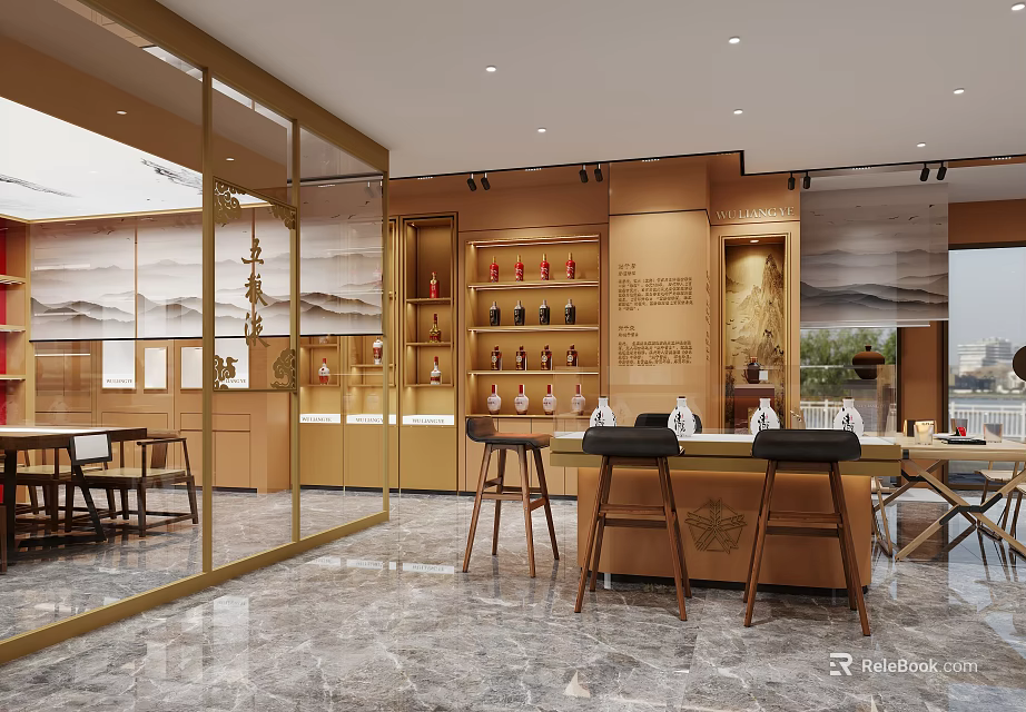Modern Chinese Style Bar With Bar Stools And Artistic Decor 3d model 