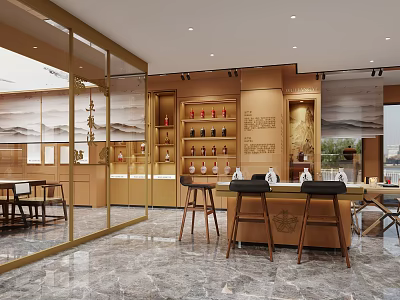 Modern Chinese Style Bar With Bar Stools And Artistic Decor 3d model