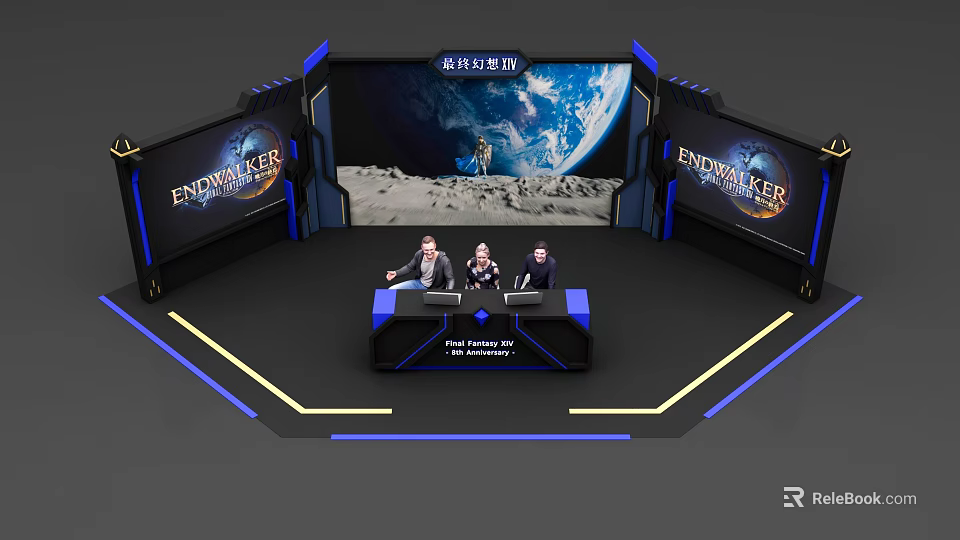 Modern Public Office Space With Large Screens Earth Background Blue Lighting And Yellow Accents 3d model 