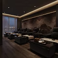 Modern SPA Sauna Interior With Dark Wooden Walls Red Lighting And Relaxation Beds