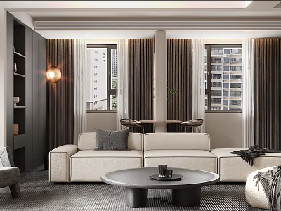 Modern Living Room Interior With Beige L shaped Sofa Gray Rug And Black Coffee Table 3d model
