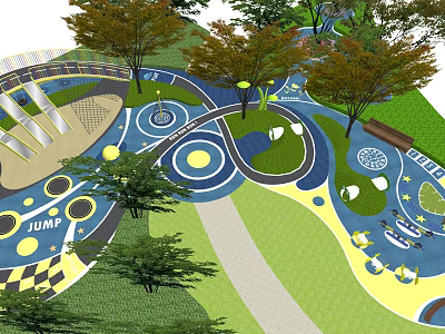 Vibrant Kids Play Area With Colorful Ground Design Trees Winding Paths And Circular Zones 3d model
