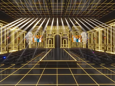 Luxurious Fashion Runway Featuring Golden Lines Bright Lighting Seats On Both Sides And Decorative Architecture 3d model