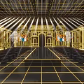 Luxurious Fashion Runway Featuring Golden Lines Bright Lighting Seats On Both Sides And Decorative Architecture