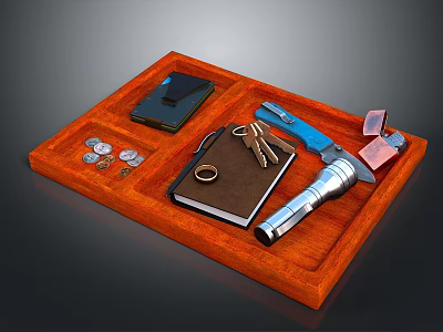Wooden Divided Tray Organizer for Daily Essentials with Coins Notebook Keys Pen and Flashlight 3d model