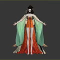 Ancient Costume Female Character In Red Green Robe With Flowing Sleeves And Ornate Hairstyle