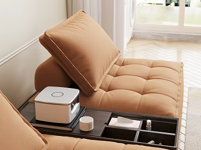 Projection Monitoring Device on Side Table in Modern Living Room with White Cup and Items 3d model