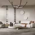 Minimalist Modern Living Room Interior With Curved Sofa Round Rug And Circular Wall Decor