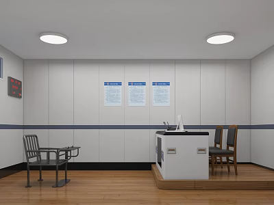 Control Room with White Walls Red Clock White Console Computer Wooden Flooring and Circular Lights 3d model