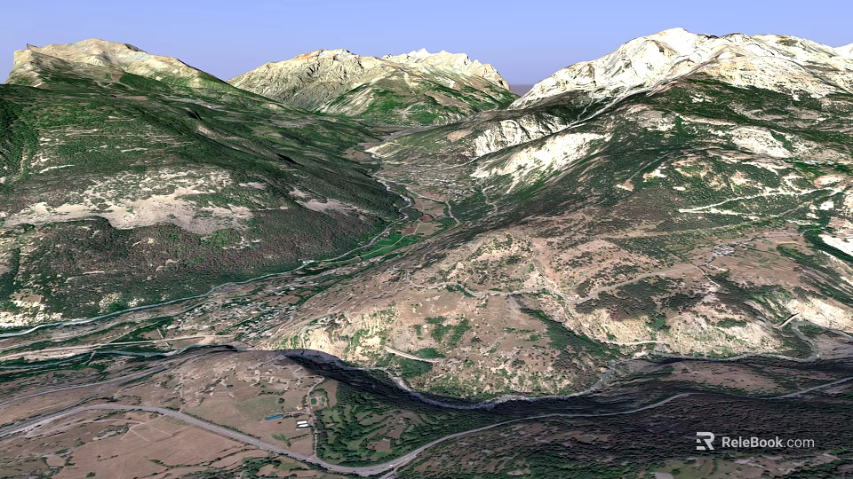 Rugged Mountain Valley Landscape With Flowing River And Green Brown Slopes 3d model 