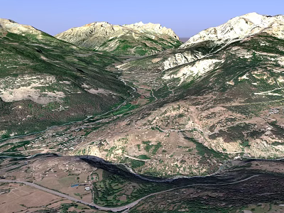 Rugged Mountain Valley Landscape With Flowing River And Green Brown Slopes 3d model