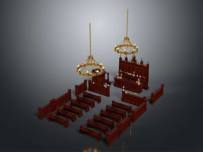 Church Interior With Wooden Pews Golden Chandeliers And Altar Furniture 3d model