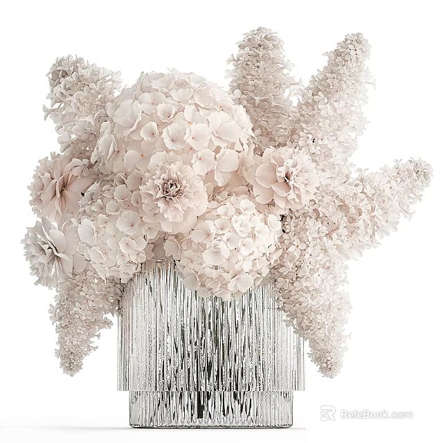 Elegant Luxurious Floral Arrangement in Silver Tassel Vase with White and Soft Pink Hydrangeas Roses 3d model 