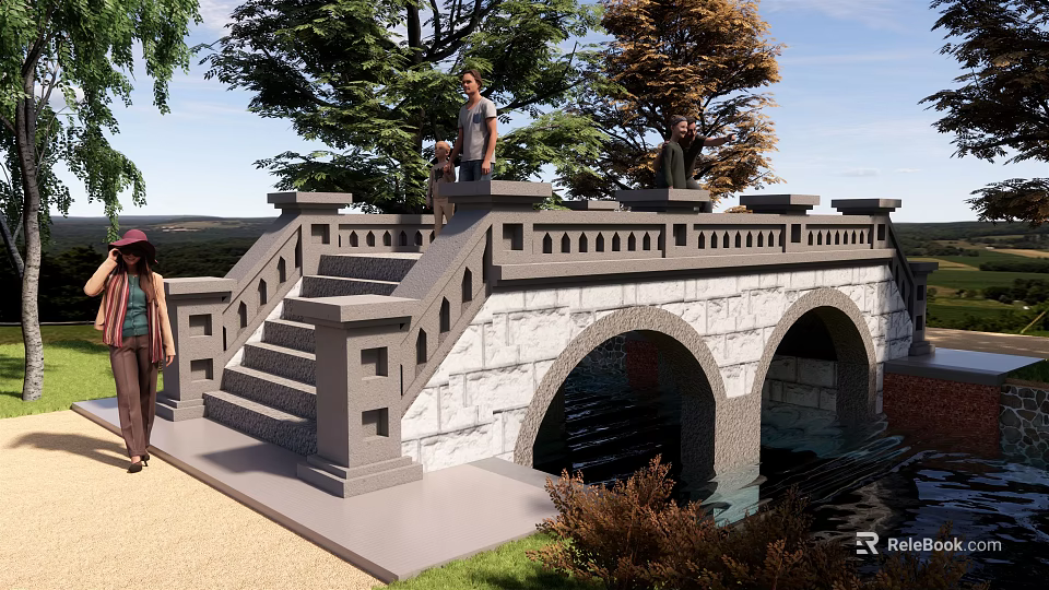 Stone Landscape Bridge with Arched Design and Trees Around Pedestrians Walking 3d model 