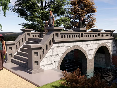 Stone Landscape Bridge with Arched Design and Trees Around Pedestrians Walking 3d model