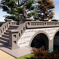 Stone Landscape Bridge with Arched Design and Trees Around Pedestrians Walking