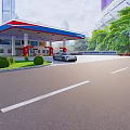 Urban Gas Station Canopy With Fuel Pumps And High Rise Buildings Background