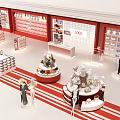 Clothing Store Interior Design With Mannequins Round Display Tables And Red White Decor
