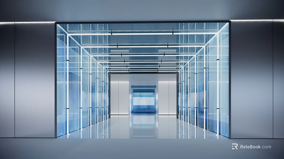 Modern Sleek Office Corridor Interior With Glass Partitions LED Lighting And Polished Floors 3d model 