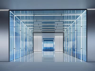 Modern Sleek Office Corridor Interior With Glass Partitions LED Lighting And Polished Floors 3d model