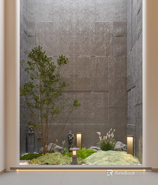 Tranquil Indoor Landscape With Gray Wall Tree Stone Lantern And Green Plants 3d model 