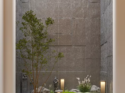 Tranquil Indoor Landscape With Gray Wall Tree Stone Lantern And Green Plants 3d model