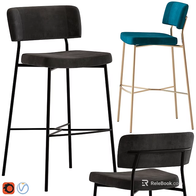 Modern Bar Stools With Gray Blue Velvet Seats And Black Gold Metal Frames 3d model 