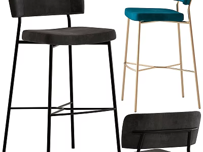 Modern Bar Stools With Gray Blue Velvet Seats And Black Gold Metal Frames 3d model