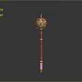Ornate Long Shaft Weapon Featuring Intricate Decorative Head And Colorful Accents