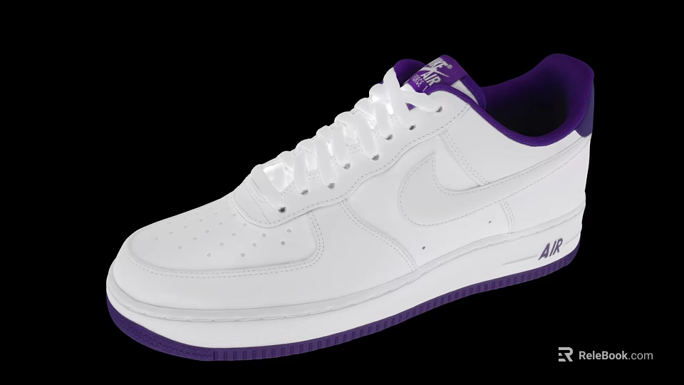 Nike Air Force 1 White And Purple Leather Shoes With Swoosh And Air Logo Design 3d model 