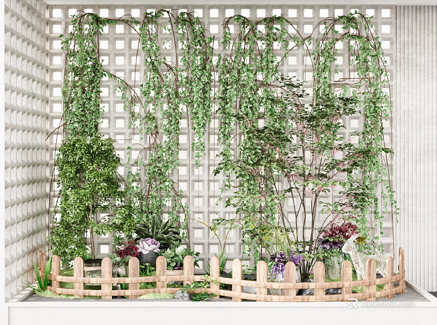 Garden Decor with White Lattice Wall Hanging Vines Wooden Fence Green Plants Purple Pink Flowers 3d model 