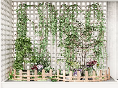 Garden Decor with White Lattice Wall Hanging Vines Wooden Fence Green Plants Purple Pink Flowers 3d model