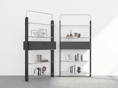 Modern Bookcase With Black Silver Frame Glass Shelves Drawers And Decorative Items 3d model