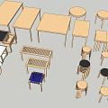 Assorted Wooden Table And Chair Sets With Different Designs And Light Tones 3d model