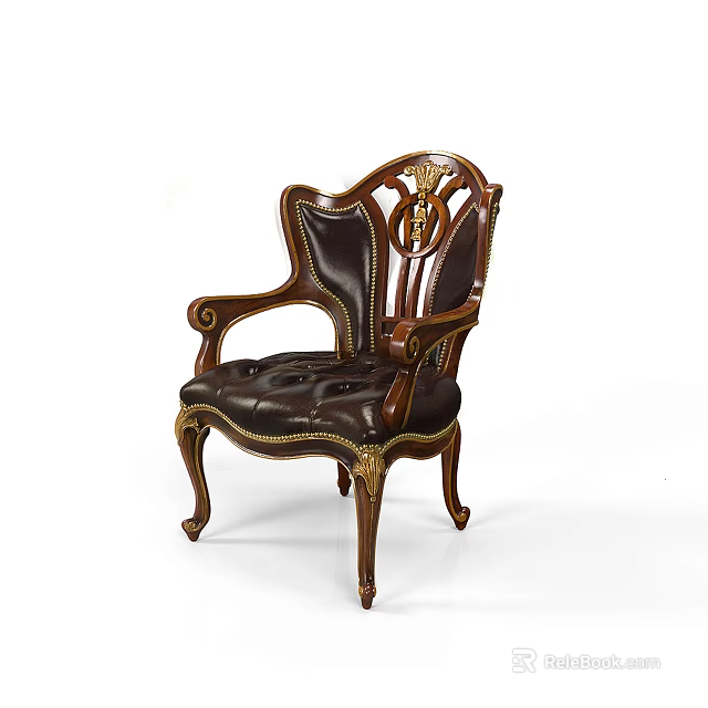 Classical Ornate Armchair With Carved Wooden Frame Leather Seat And Gold Accents 3d model 