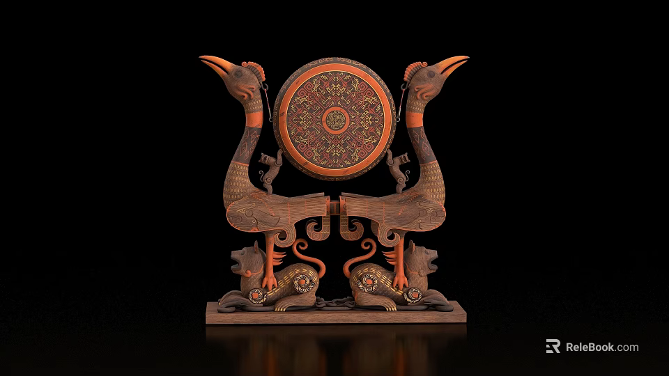 Ancient Carved Artifact With Bird Shaped Supports Circular Decorative Disc And Intricate Patterns 3d model 